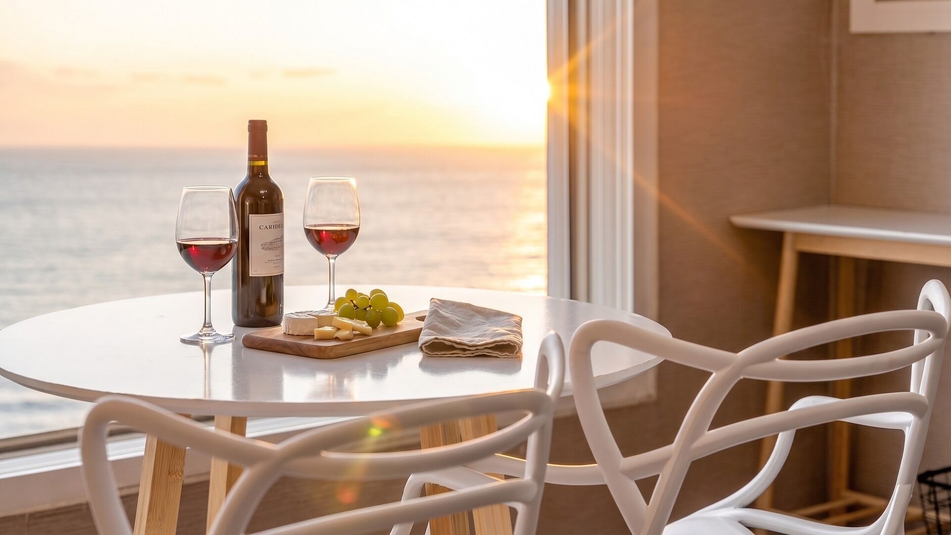 A table with a bottle of wine, two glasses, a cheese board, and grapes, set against a view of the ocean at sunset.