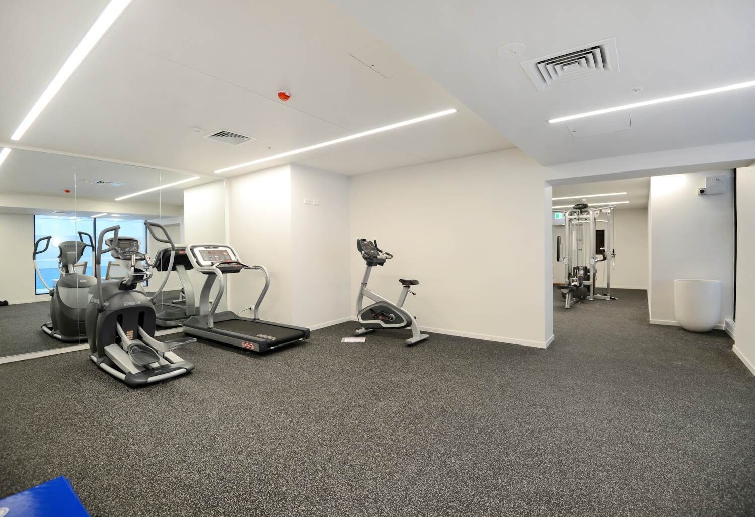 A gym with treadmills, elliptical machines, and weight equipment.