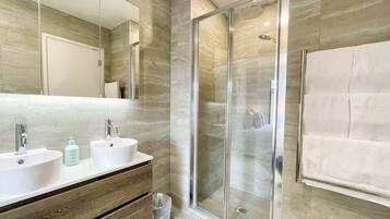 Shower, hair dryer, towels