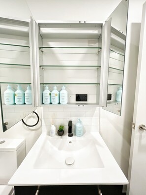Shower, hair dryer, towels