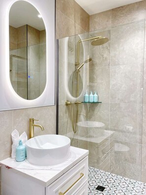 Douche, séchoir à cheveux, serviettes fournies, shampooing