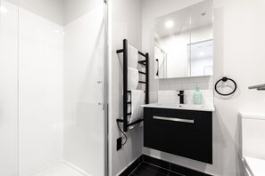 Shower, hair dryer, towels, toilet paper