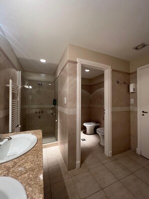Shower, jetted tub, hair dryer, bidet