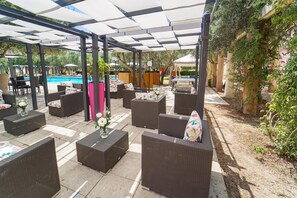 An outdoor patio area with wicker furniture, a pool, and a covered seating area.