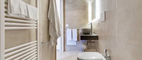 Shower, hair dryer, bidet, towels