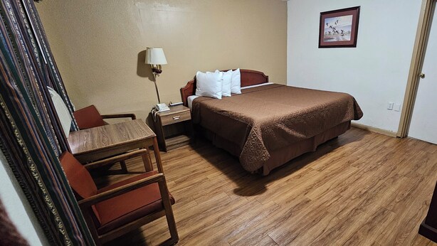 A hotel room with a wooden floor, a bed with a brown bedspread, a nightstand with a lamp, a desk with a chair, and a framed picture on the wall. - Deluxe Inn (Stuttgart)