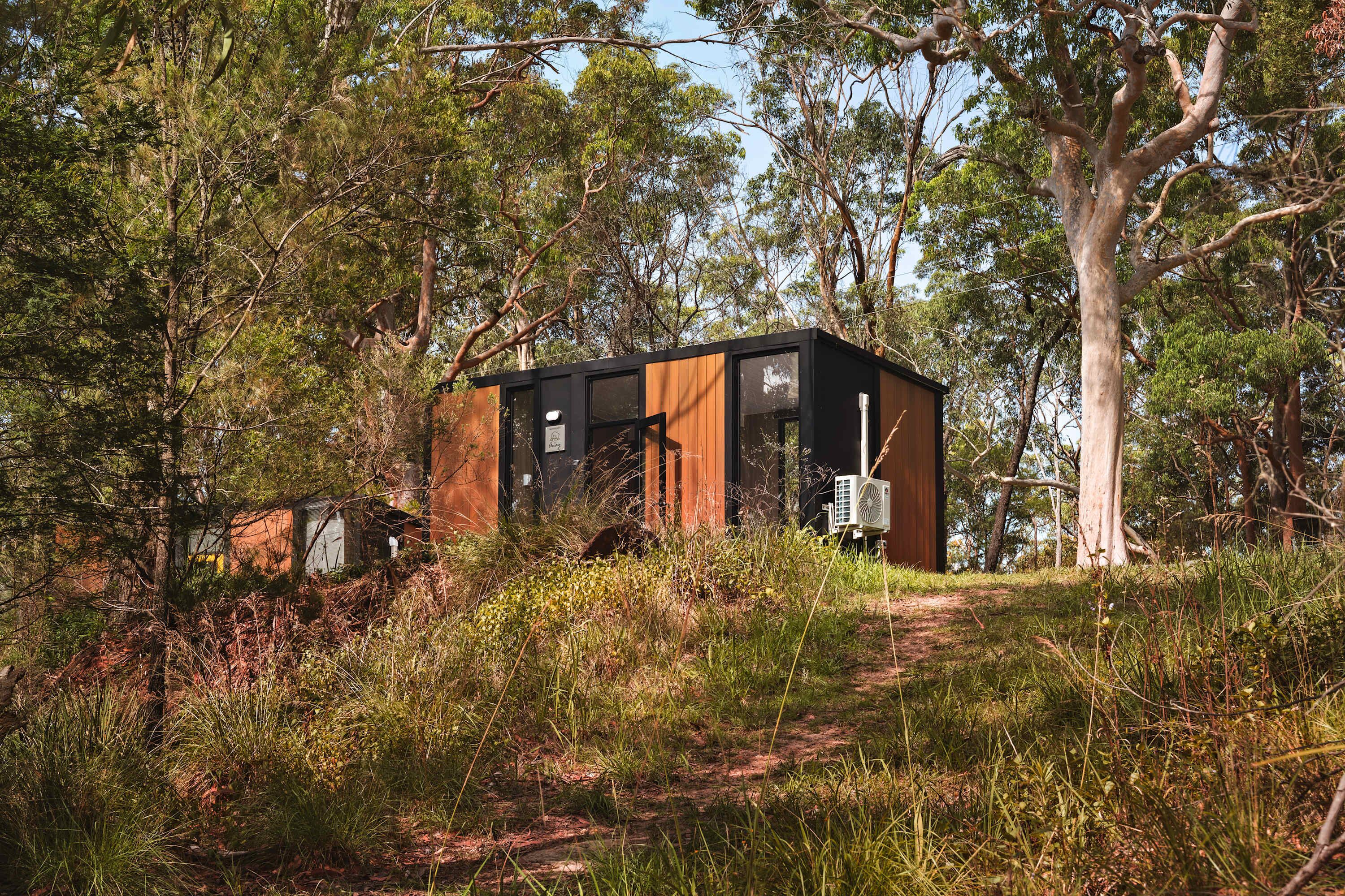 Une cabane moderne située dans une zone boisée, accessible par un chemin de terre.