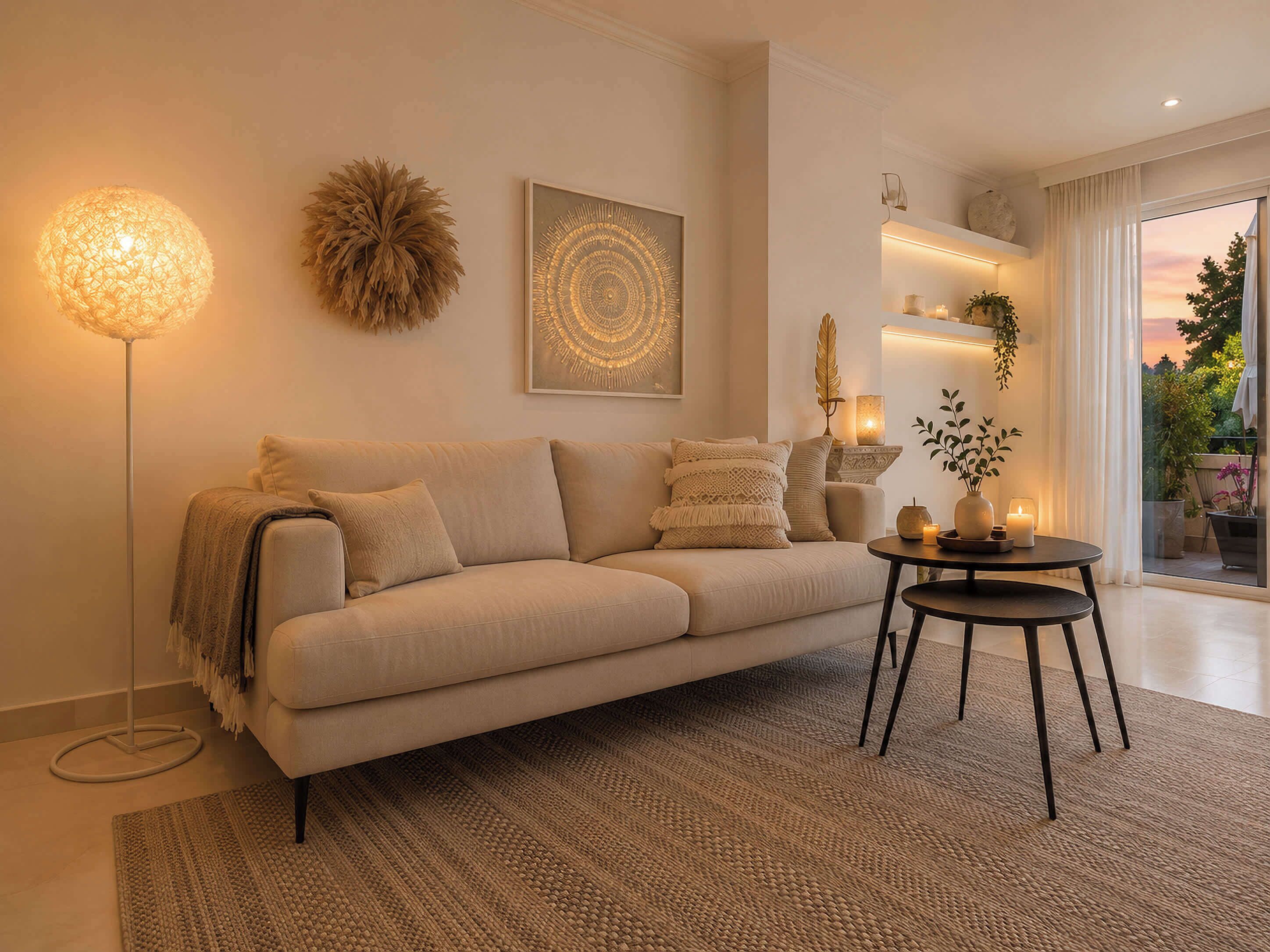 Un soggiorno moderno con un divano, un tavolino rotondo, una lampada da terra e un elemento decorativo a parete.