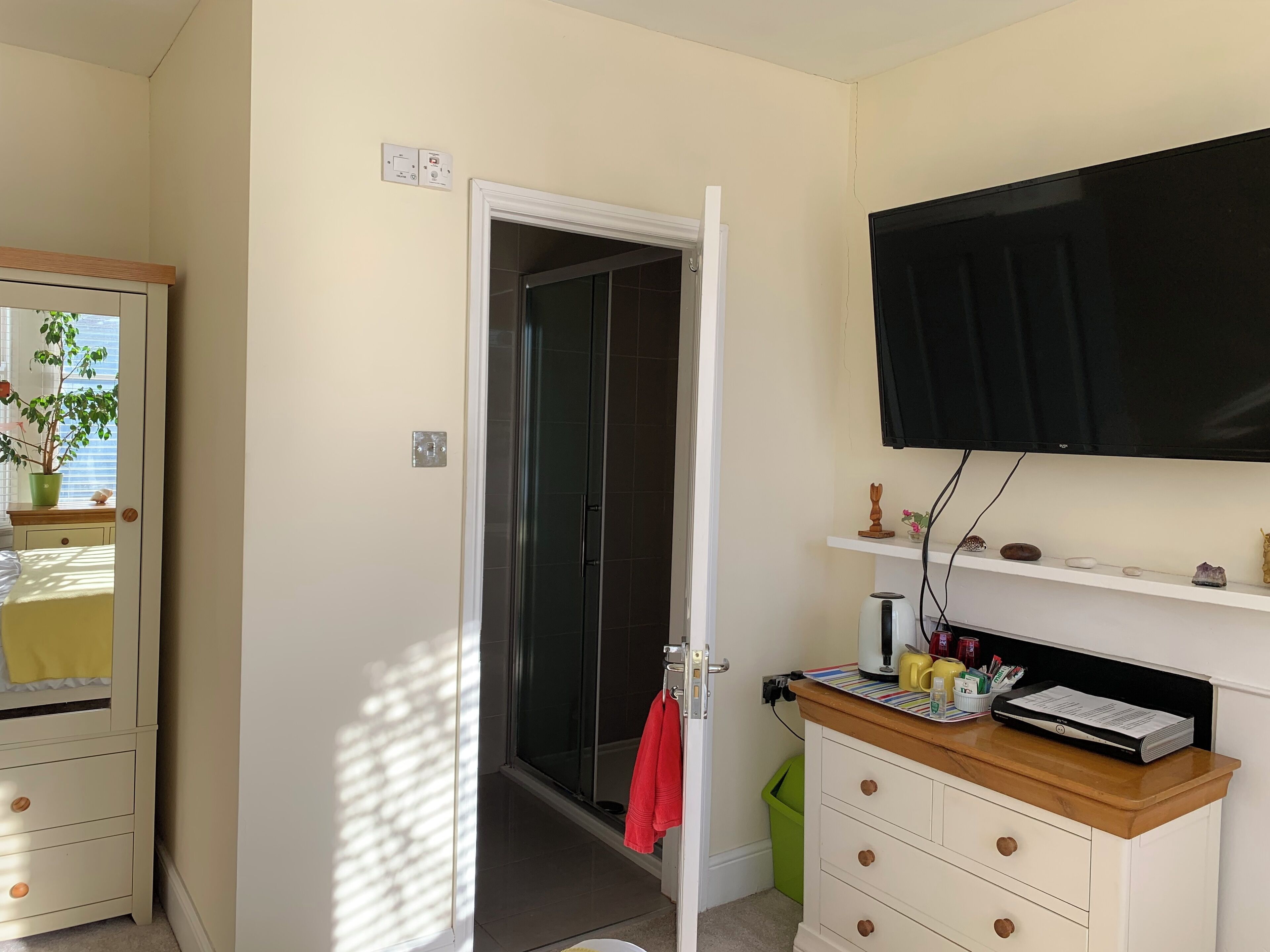 A compact hotel room with a shower, a bed, a TV mounted on the wall, and a small shelf with decorative items.