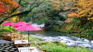 A riverside setting with wooden benches and pink umbrellas, surrounded by lush greenery and autumn foliage. - Yamanaka Onsen KAJIKASO (Kaga)