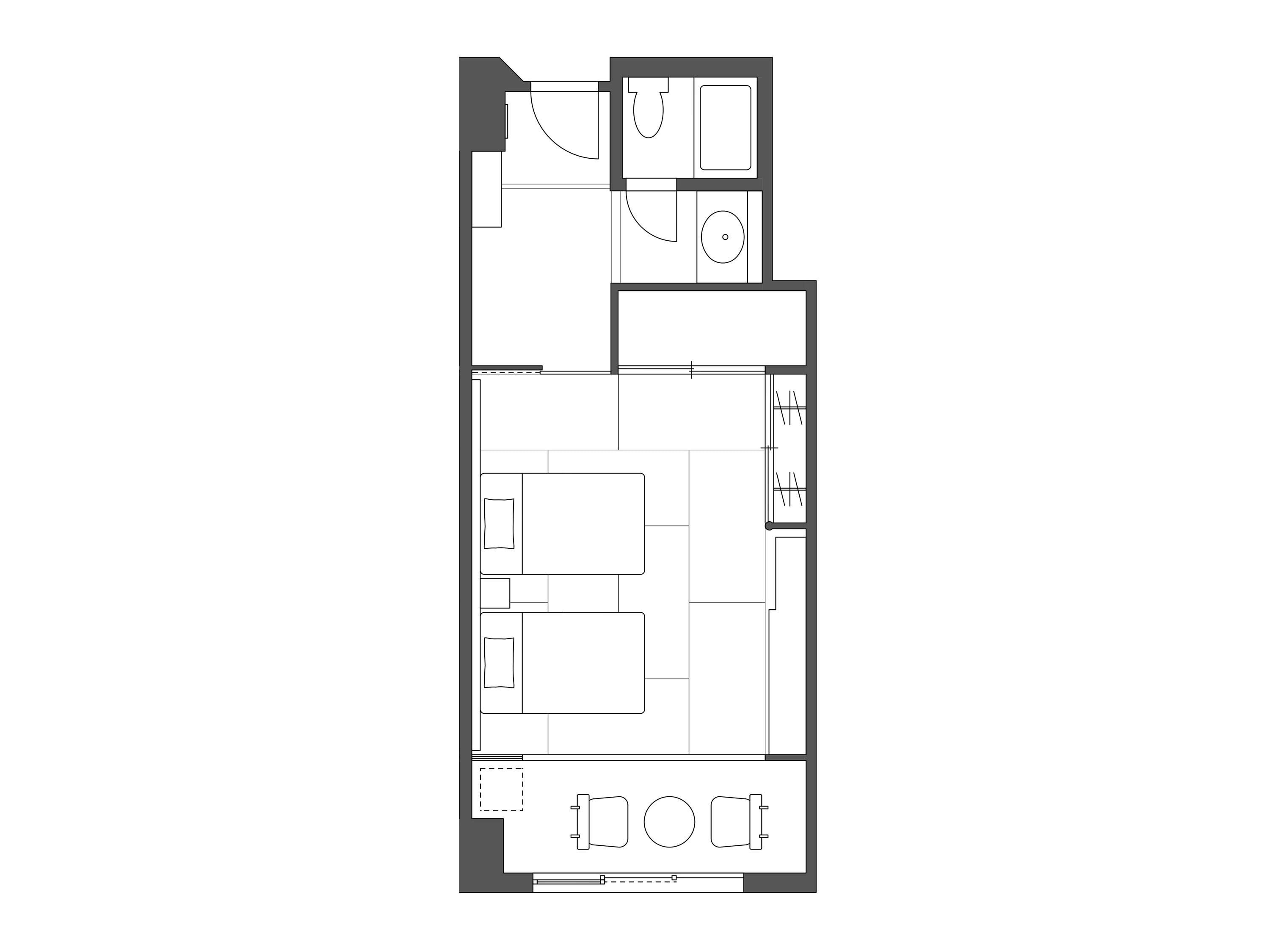 Plànol d'una habitació d'hotel amb bany, cuina i saló.