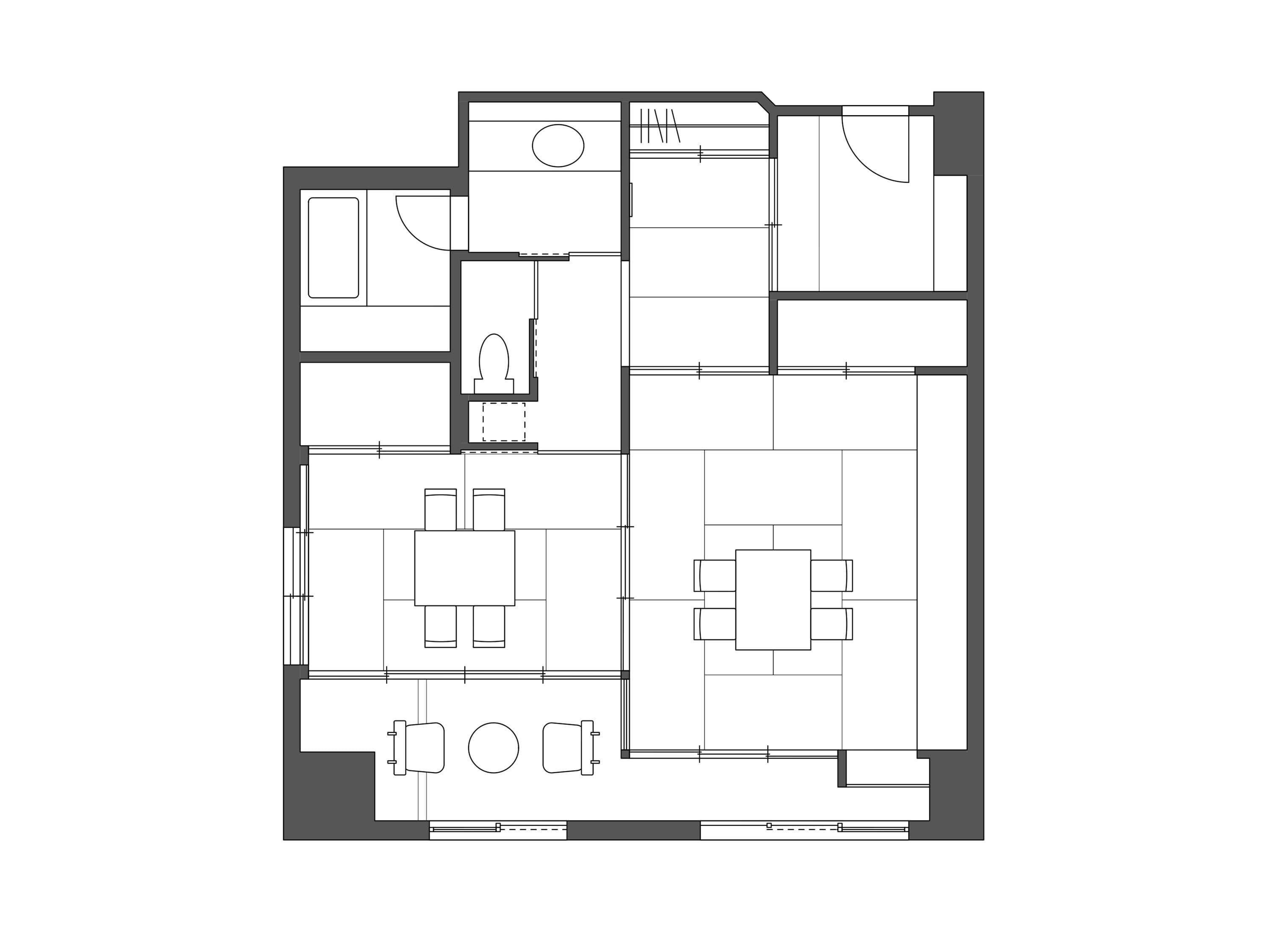 A floor plan of a hotel room with a bathroom, a kitchenette, a dining area, and a living room.
