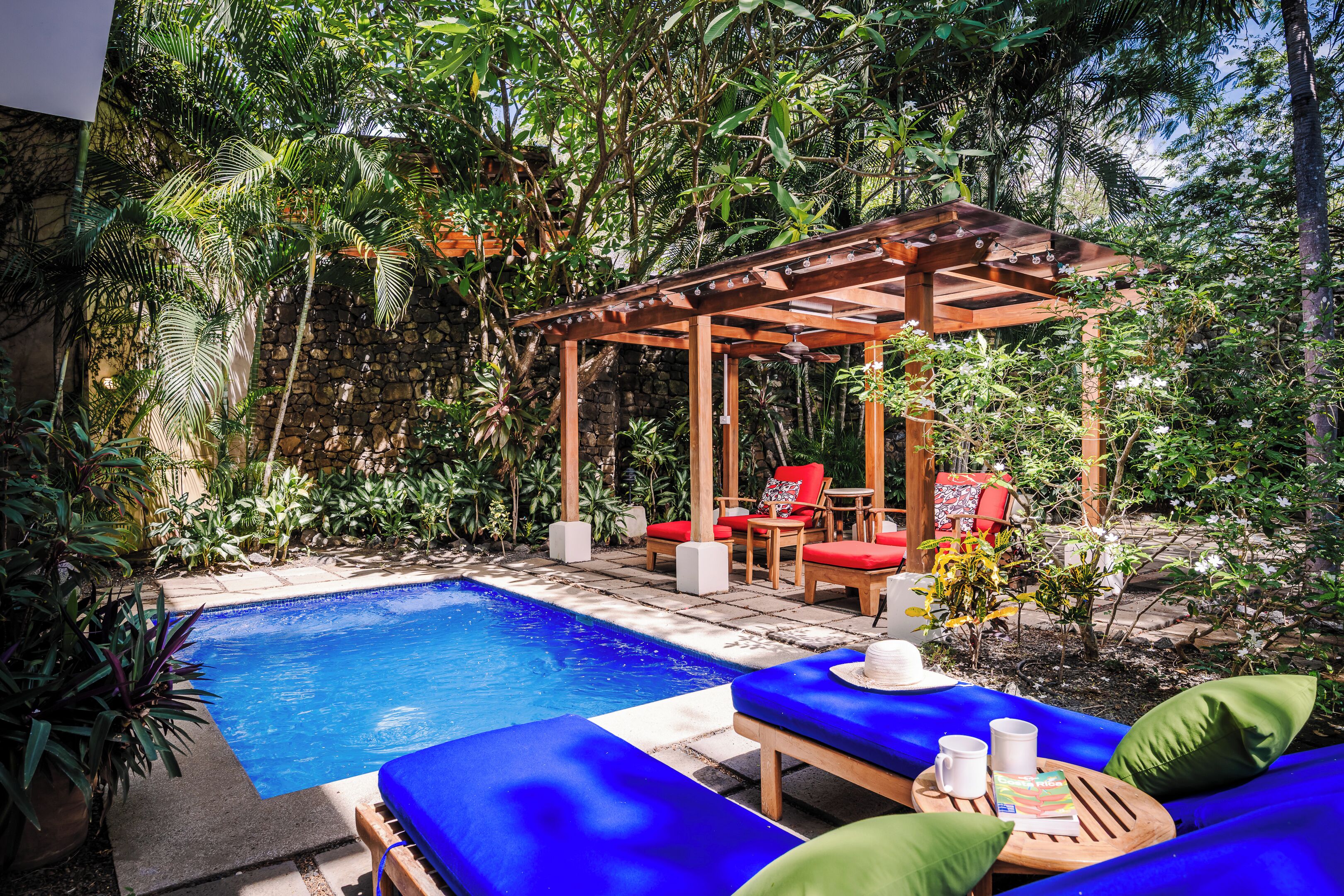 Un área de piscina con sillones, una pérgola y abundante vegetación.