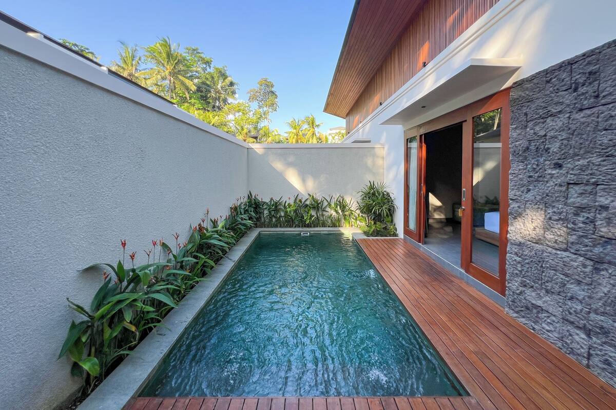 Un espace piscine moderne doté d’une piscine rectangulaire, entourée de plantes et d’une terrasse en bois.
