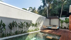 Une piscine dotée d’une terrasse en bois, entourée de plantes et bordée d’un mur blanc.