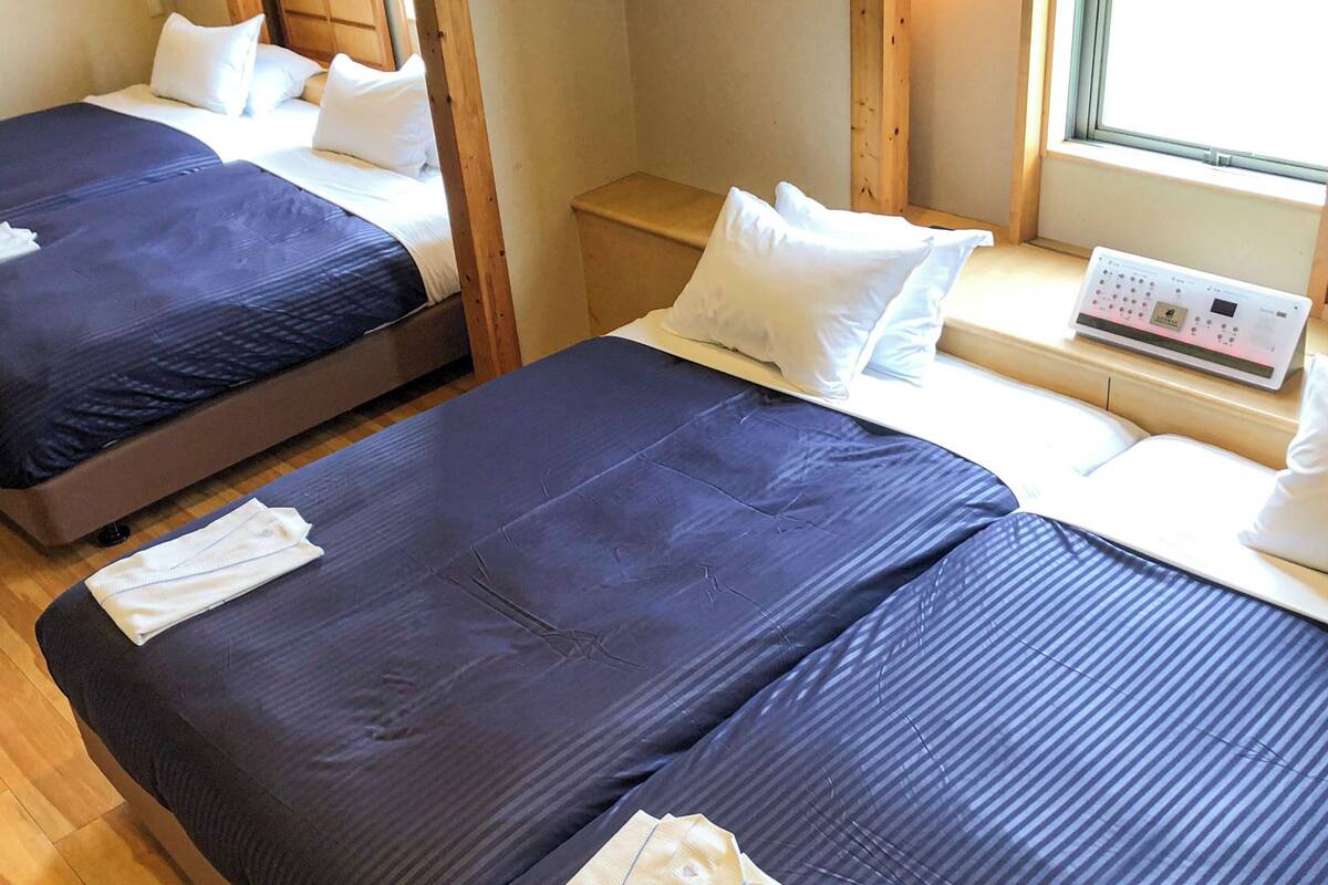 Two single beds with dark blue bedding, white pillows, and a bedside table with a control panel.