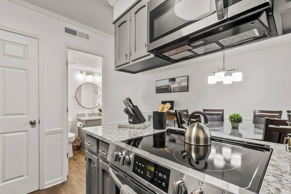 Fridge, microwave, oven, dishwasher