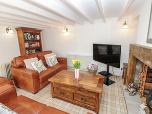 A living room with a brown leather sofa, a wooden coffee table with a vase of flowers, a bookshelf, a television, and a fireplace. - The Museum (Alston)