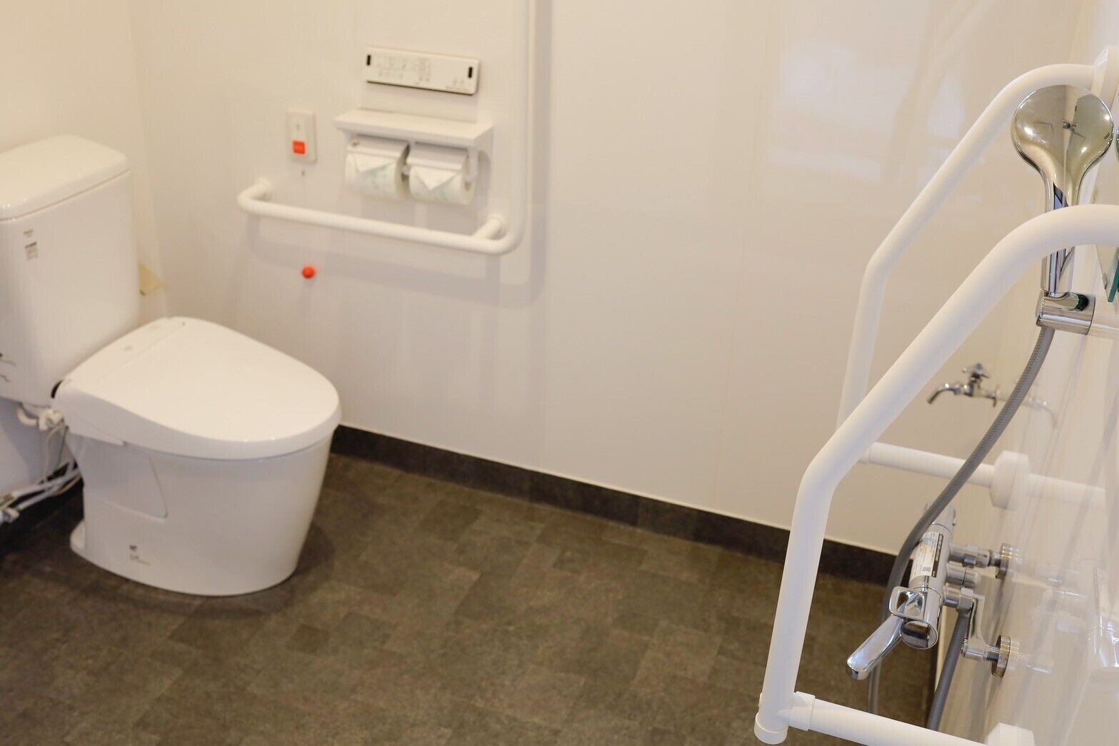 A bathroom with a white toilet, a handrail, and a shower area.