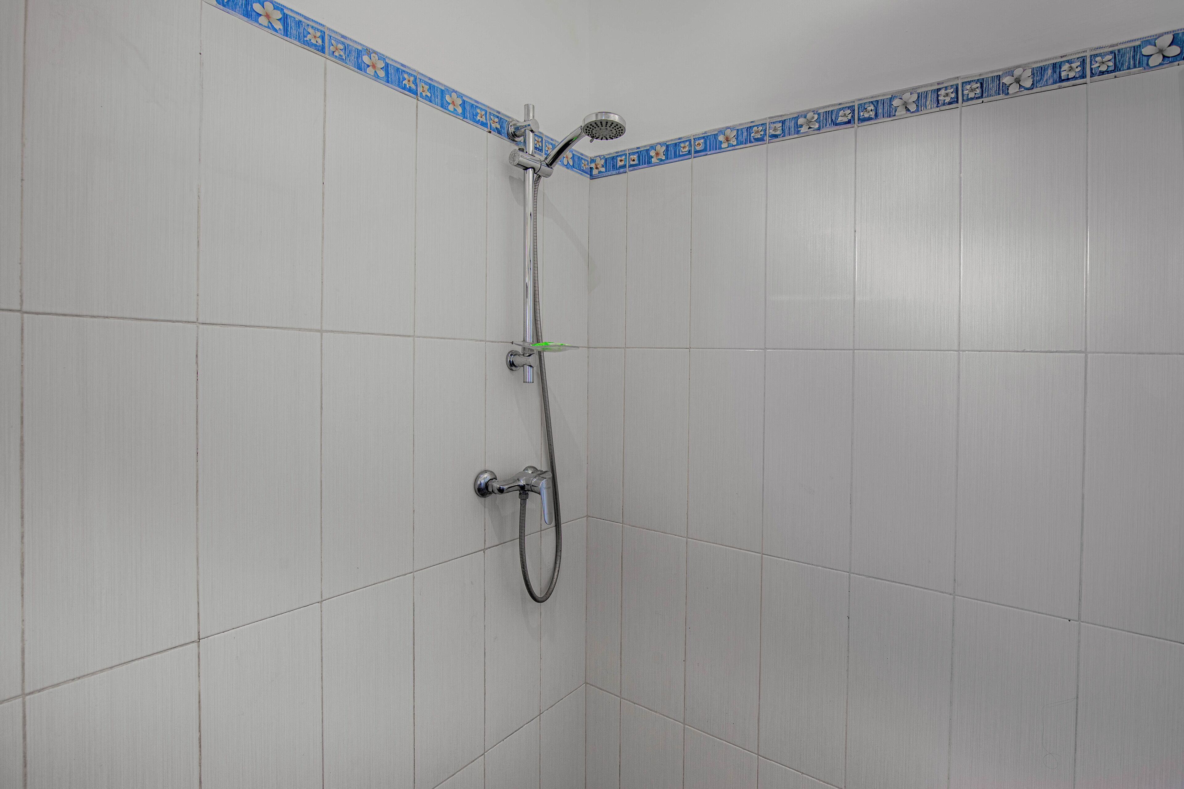 A corner shower with a handheld showerhead and a handheld hose.