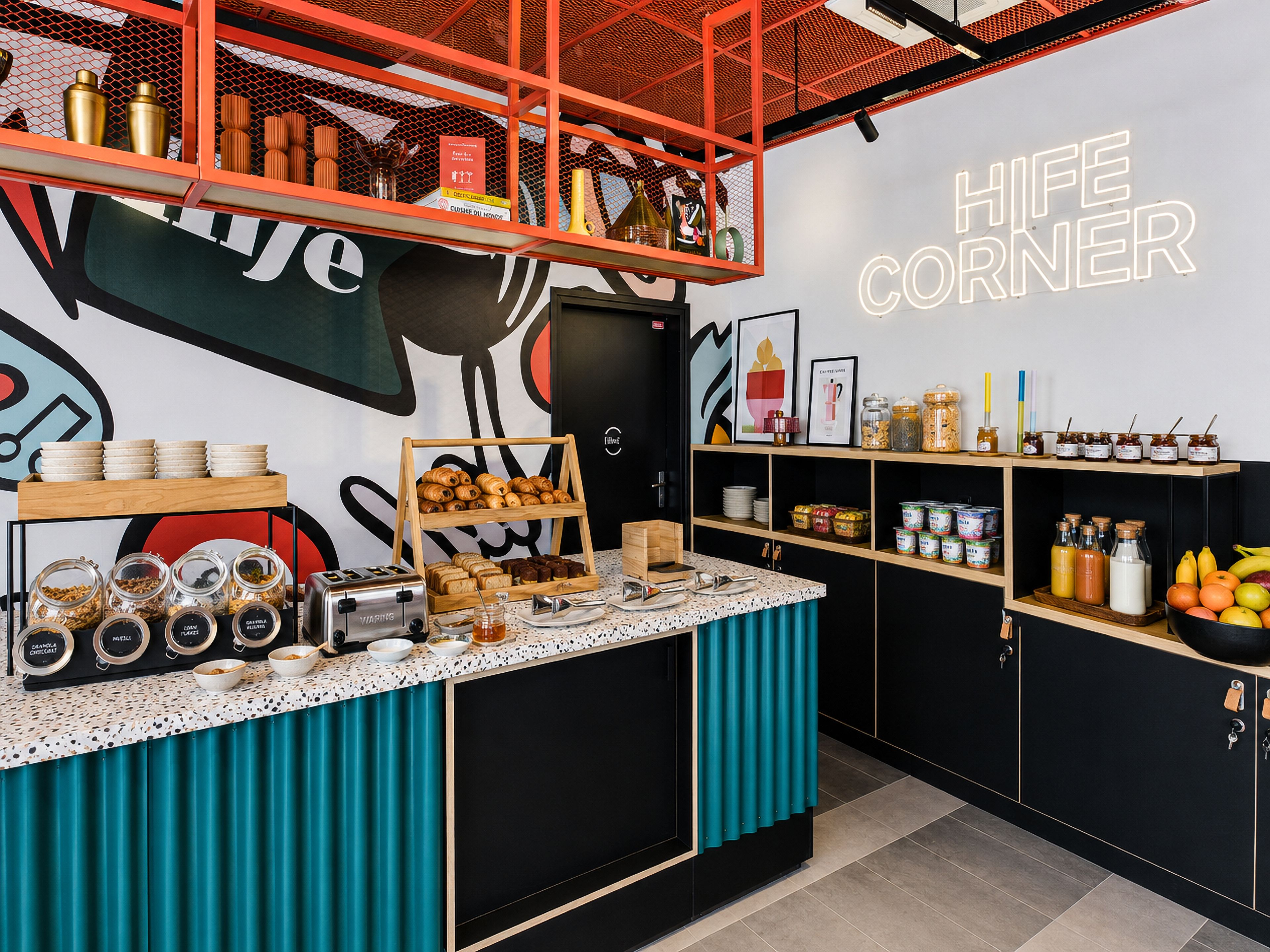 A kitchenette with a coffee station, shelves with jars, and a neon sign reading 'HIFE CORNER'.