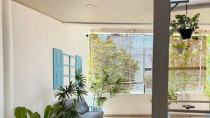 A spacious room with a grey sofa, a white armchair, and several potted plants. - Coastal Retreat Mirissa (Mirissa)