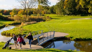 Ein Golfplatz mit einer Brücke über einem Teich, umgeben von Bäumen und Grünflächen.