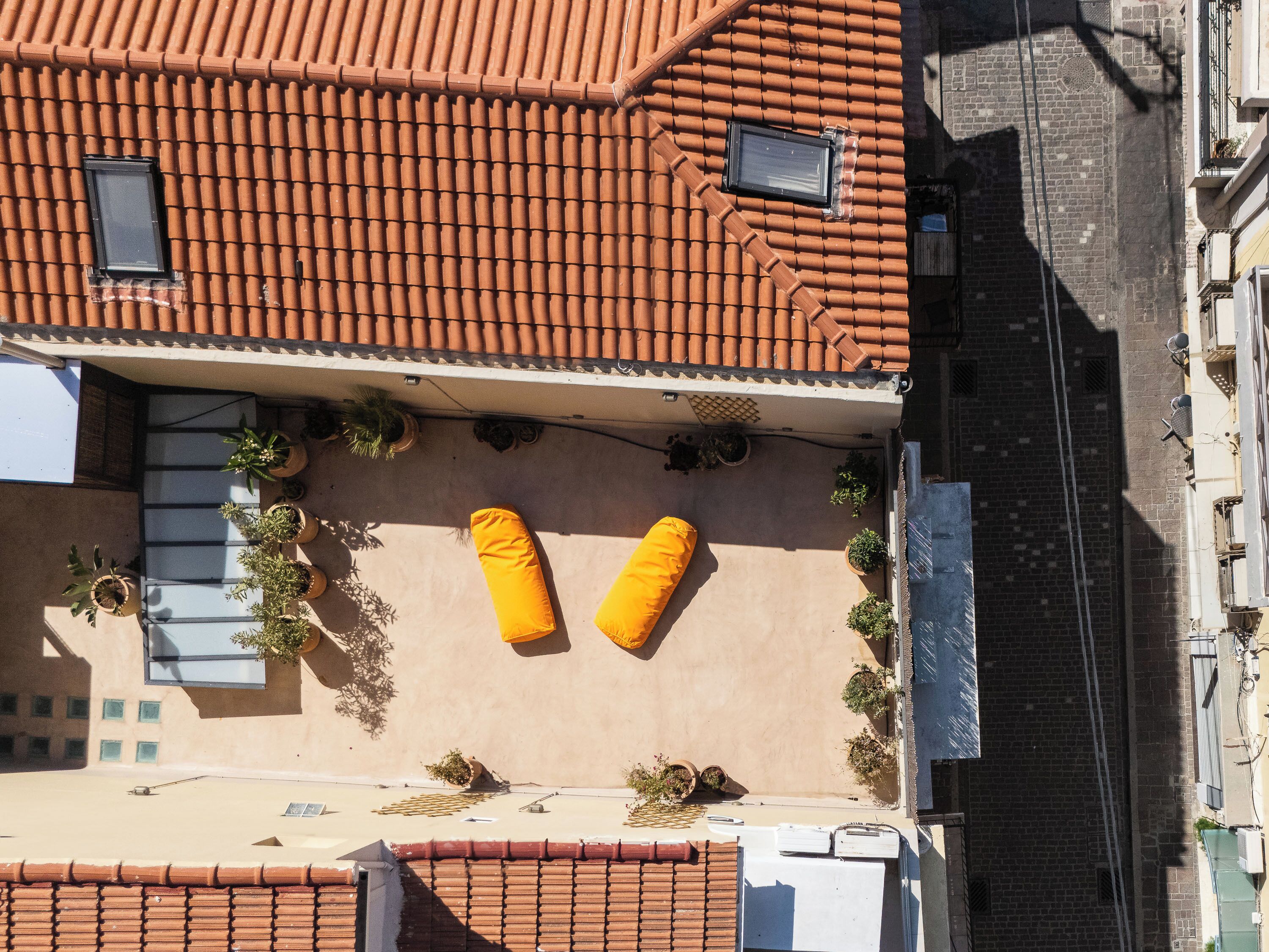 Eine Luftaufnahme einer Dachterrasse mit einem Ziegeldach, zwei gelben Kissen und Topfpflanzen.