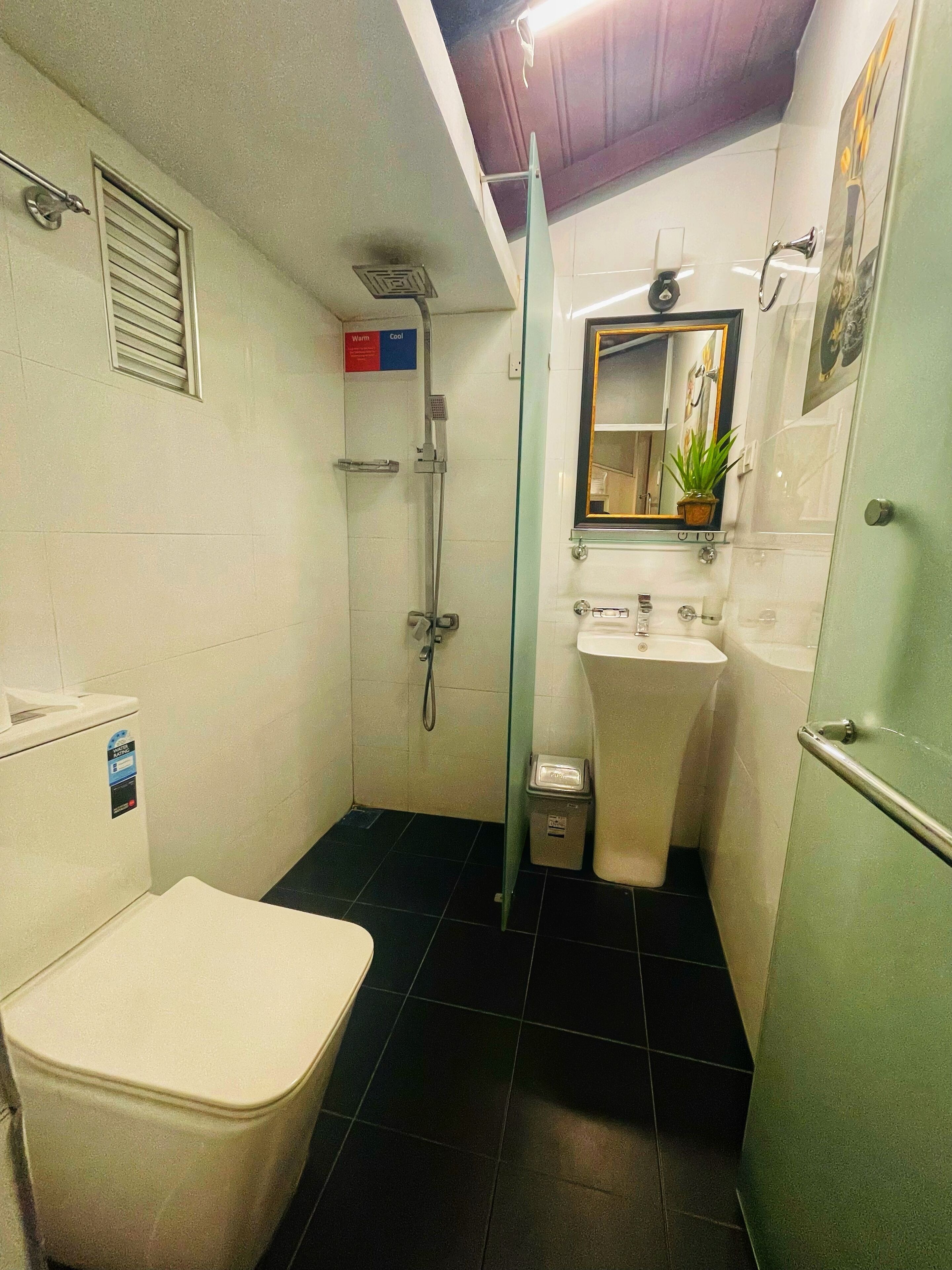A compact bathroom with a toilet, a shower, and a sink.