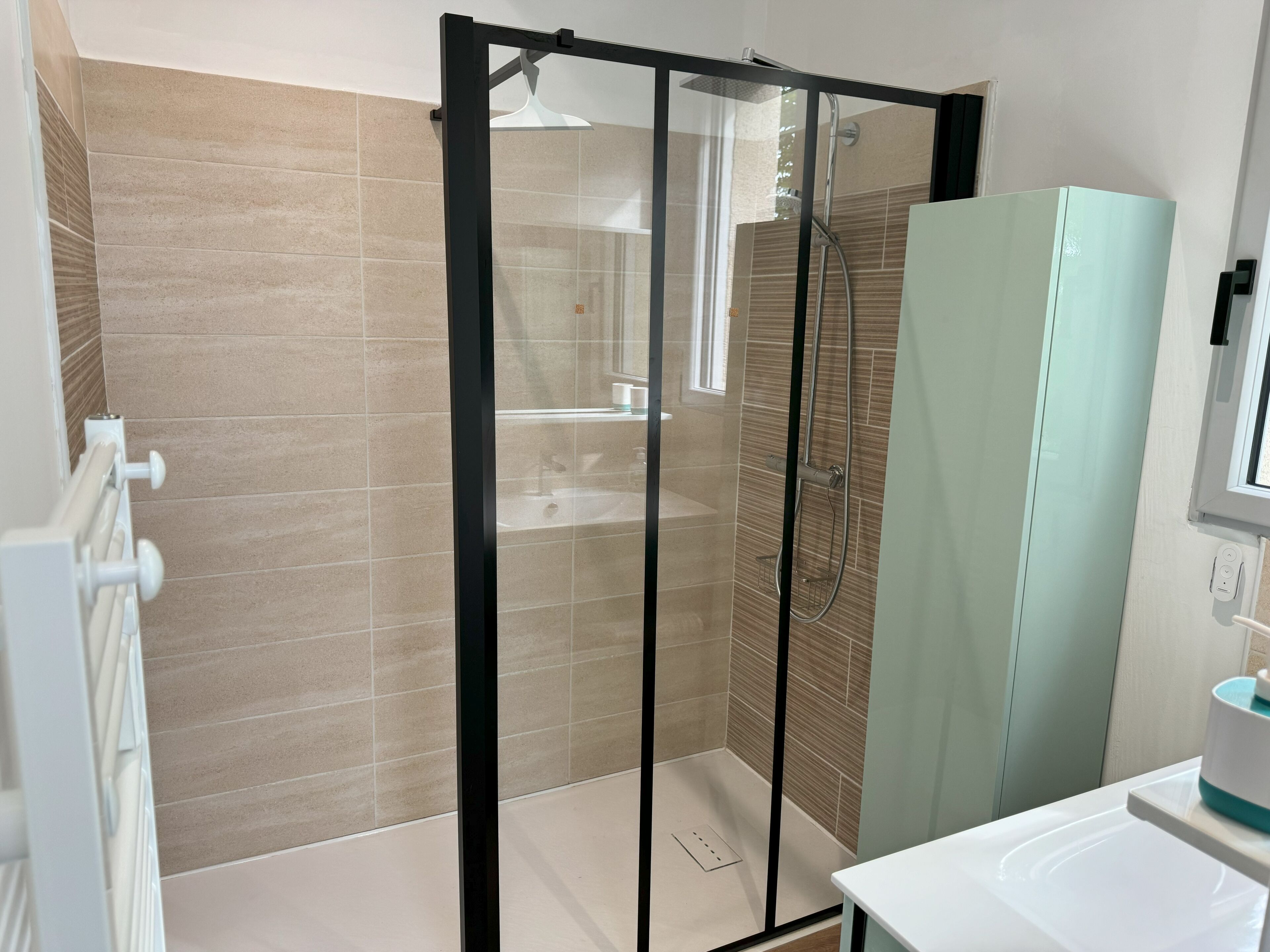 A modern bathroom with a glass-enclosed shower, a sink, and a cabinet.