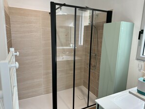 Regadera, secadora de cabello, jabón, papel de baño