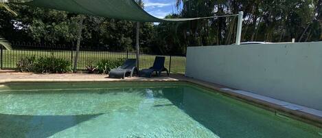 A clear swimming pool with lounge chairs and palm trees in the background.