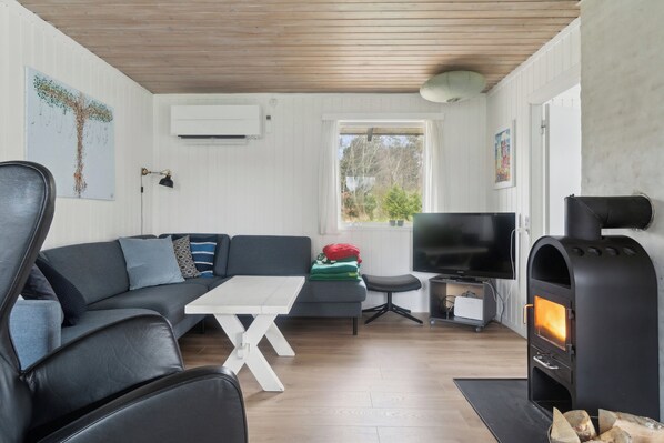 Ein Wohnzimmer mit Sofa, Fernseher, Kamin und einem Fenster mit Aussicht.