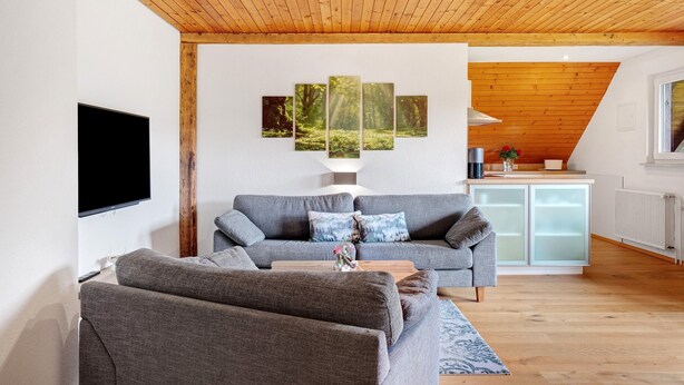Una sala de estar moderna con un sofá gris, una mesa de centro de madera y un televisor de pantalla plana.