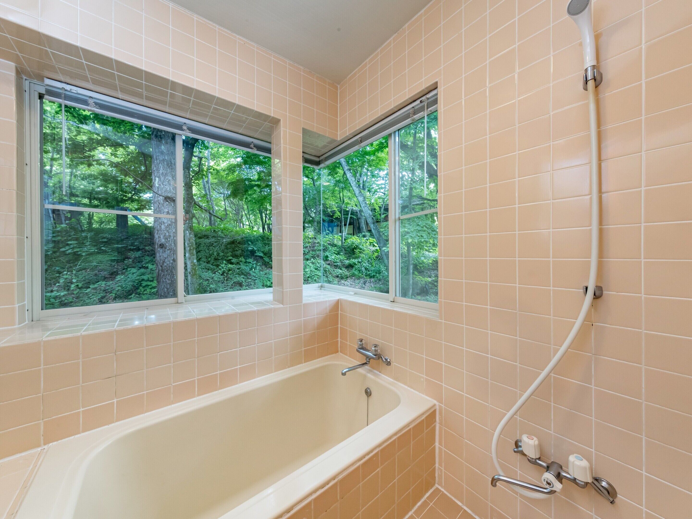 Un baño con bañera, ducha y dos ventanas con vistas a un bosque.