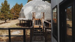 A geodesic dome structure with wooden staircases leading to a platform. - Event venue in nature retreat (Dunlap)
