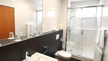 Ein modernes Badezimmer mit einem großen Waschbecken, einer Toilette und einer Duschkabine aus Glas.