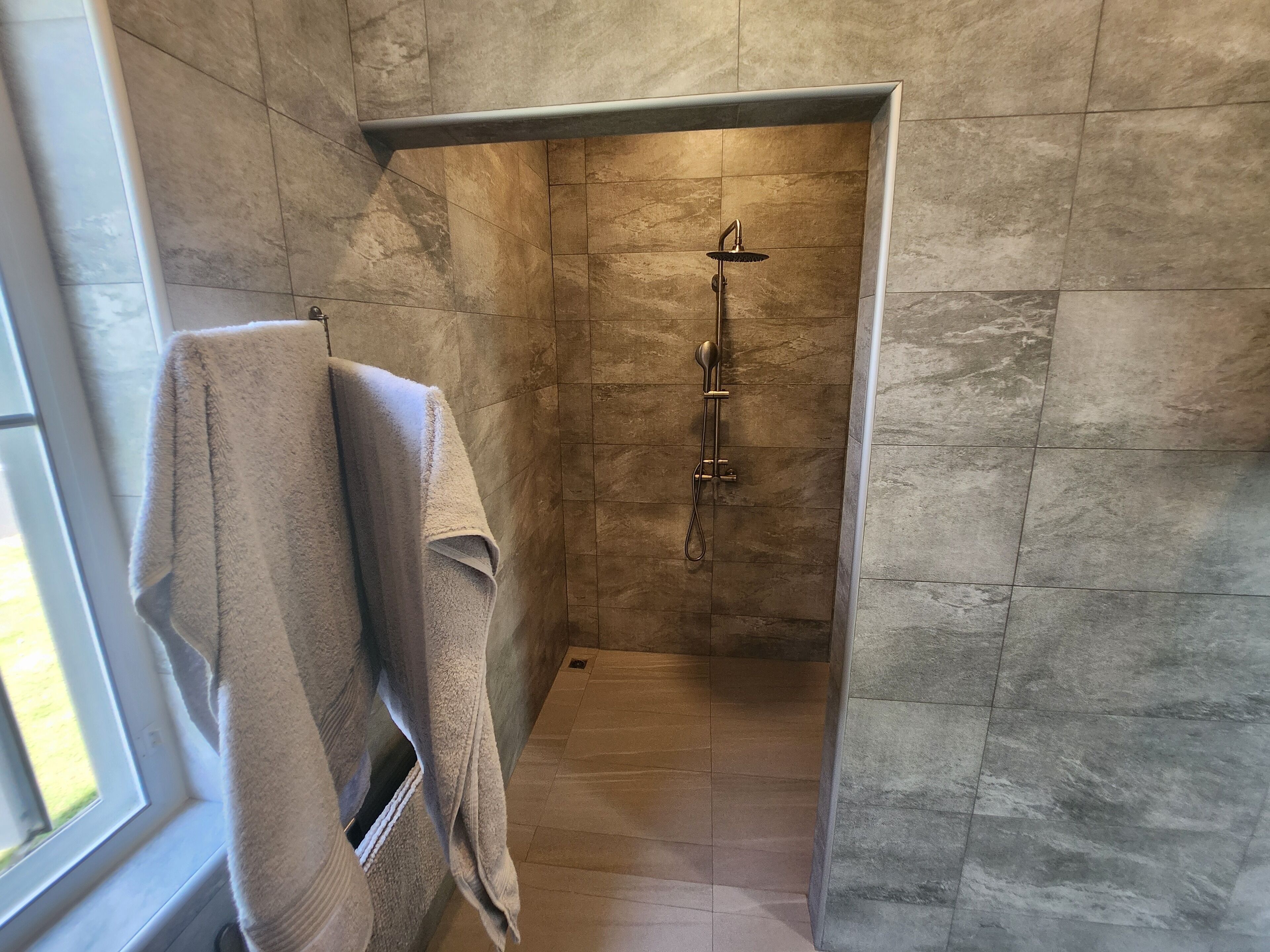 Shower, hair dryer, towels