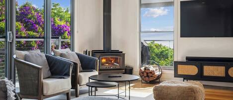 TV, peis, bøker og stereoanlegg