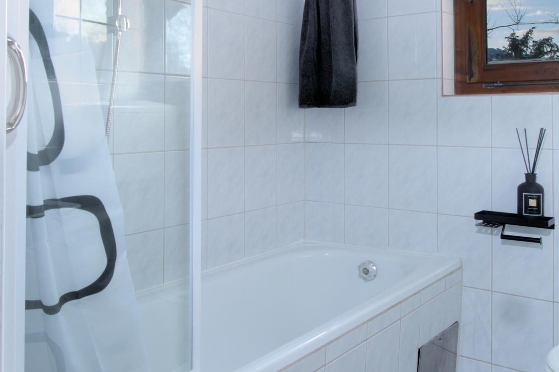 Combined shower/bathtub, deep-soaking bathtub, hair dryer, towels