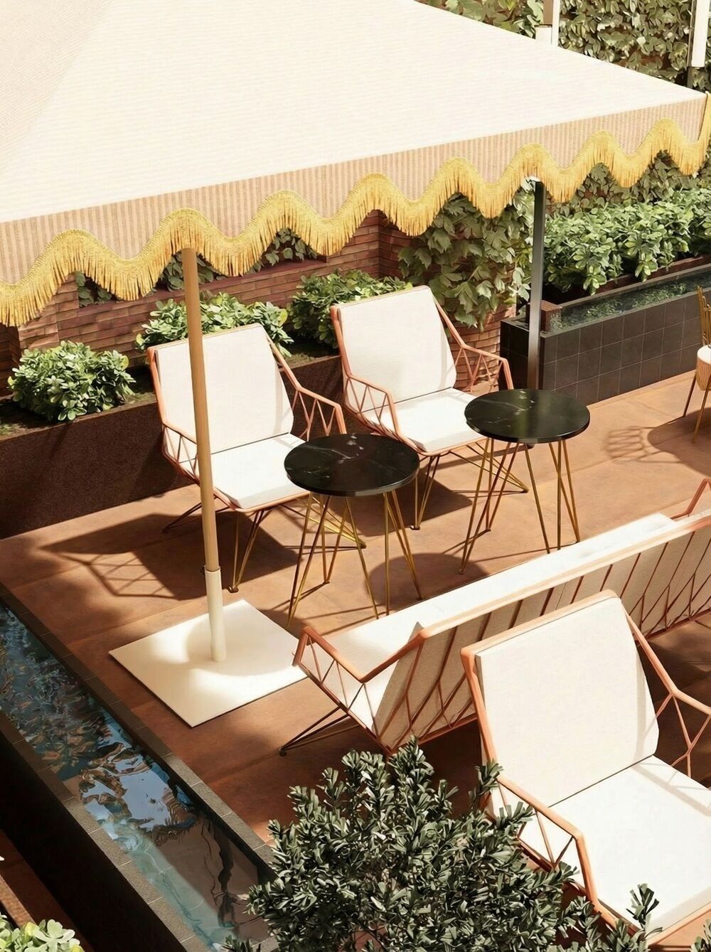 Ein Poolbereich mit Liegestühlen und Tischen, umgeben von Grünflächen und einem Zierdach.