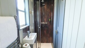 Un baño pequeño con ducha, lavamanos e inodoro.