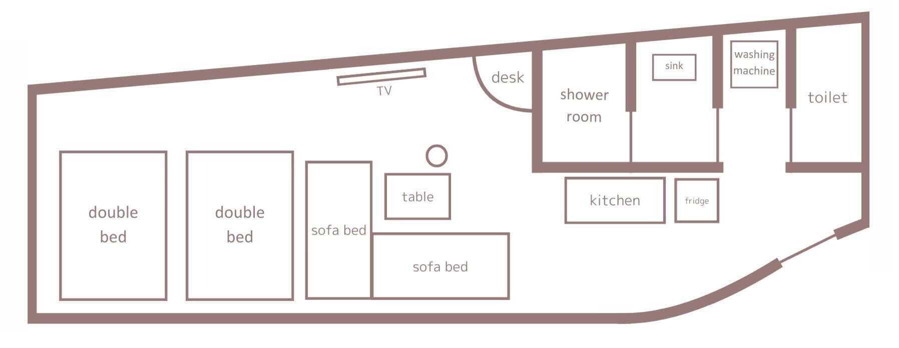 Planta baixa mostrando dois quartos de casal, uma cama-sofá, uma mesa, uma televisão, uma escrivaninha, um banheiro com chuveiro, uma cozinha, uma máquina de lavar, uma pia e um vaso sanitário.