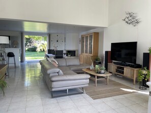 TV, fireplace, books, stereo