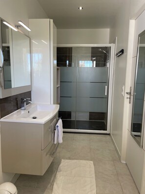 Shower, hair dryer, towels, toilet paper