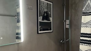 A modern bathroom with a large mirror, a framed picture, a toilet, and a shower area.