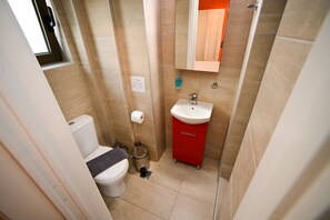 Une petite salle de bain comprenant des toilettes, un lavabo et un miroir.