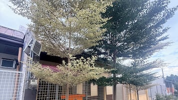 Un edificio residencial con patio cercado, plantas en macetas y un pequeño espacio de esparcimiento al aire libre.
