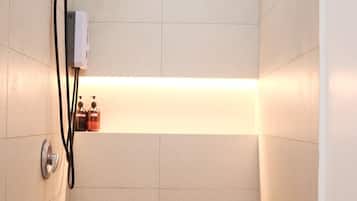 Hair dryer, towels, soap, shampoo