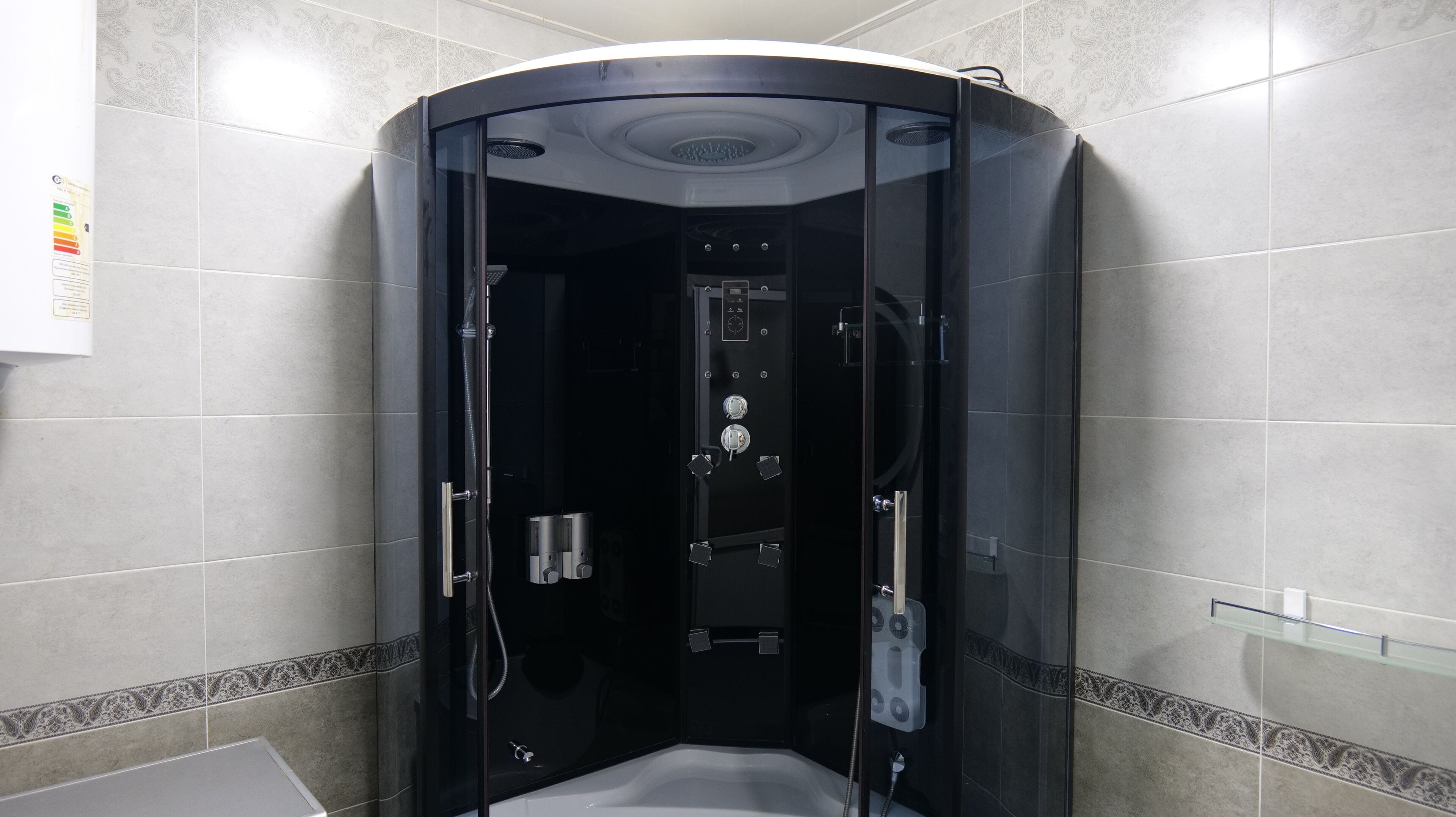 Hair dryer, towels, soap, shampoo